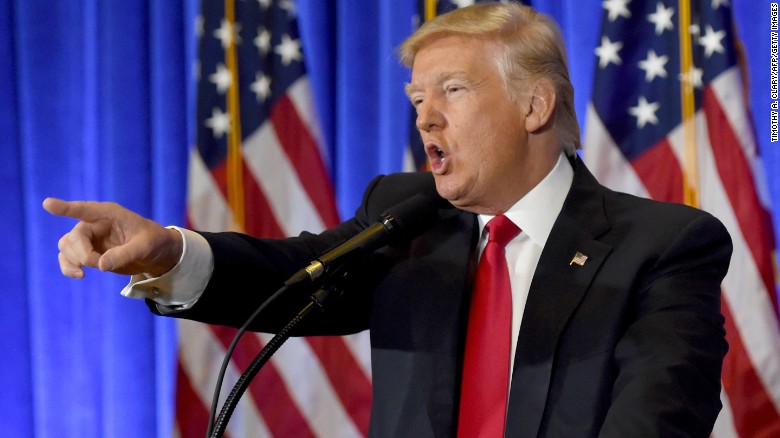 US President-elect Donald Trump speaks during a press conference January 11, 2017 at Trump Tower in New York.
Trump held his first news conference in nearly six months Wednesday, amid explosive allegations over his ties to Russia, a little more than a week before his inauguration. / AFP / TIMOTHY A. CLARY        (Photo credit should read TIMOTHY A. CLARY/AFP/Getty Images)