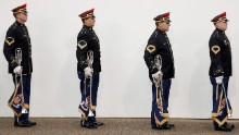 Members of a military band line up prior to marching in the Presidential Inaugural Parade.