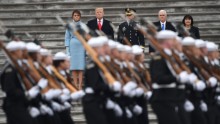 From left, first lady Melania Trump, President Donald Trump, US Army Maj. Gen. Bradley Becker, Vice President Mike Pence and Karen Pence review the troops as part of the inaugural ceremonies.