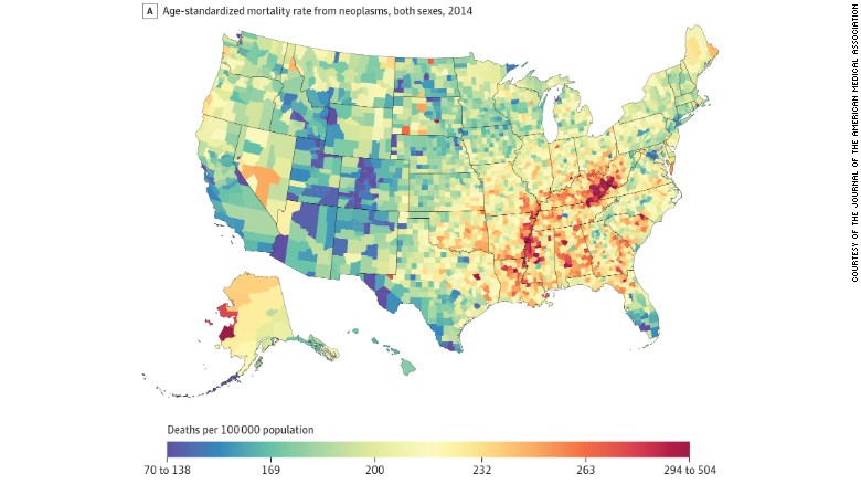 <a href="http://www.cnn.com/2017/01/24/health/cancer-cluster-disparities-county-study/">A study shows</a> cancer deaths in counties across the nation, revealing clusters that have lagged behind national cancer efforts. Deaths from all cancers in 2014 were highest along the Mississippi River, near the Kentucky-West Virginia border, western Alaska and the South in general. Deaths were lowest in places like Utah and Colorado.