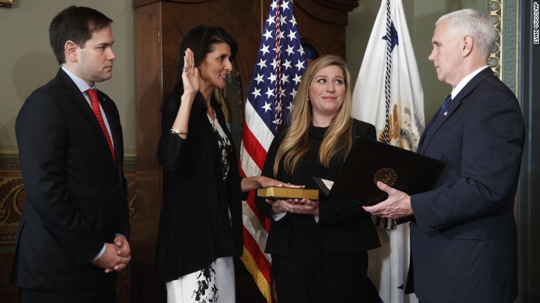 South Carolina Gov. Nikki Haley takes the oath of office as she becomes the US Ambassador to the United Nations on Wednesday, January 25. She was joined by US Sen. Marco Rubio and staffer Rebecca Schimsa as she was sworn in by Vice President Mike Pence.