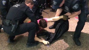 Police pepper-spray protesters at airport