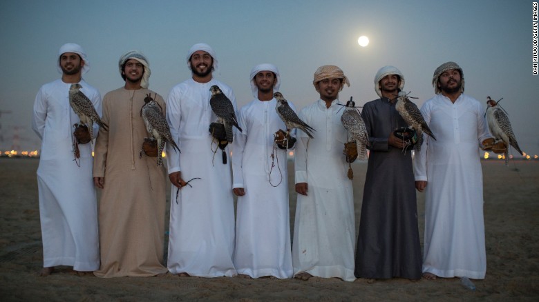 Emirati men pose with their Falcons after an evening training session. Groups of friends regularly come together in the evenings to meet and train their birds where the practice becomes more about camaraderie and sharing knowledge than subsistence.