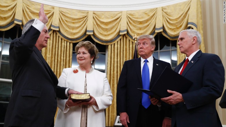 President Donald Trump watches as Vice President Mike Pence swears in Rex Tillerson as secretary of state on Wednesday, February 1. Tillerson&#39;s wife, Renda St. Clair, holds the Bible. Tillerson, a former CEO of ExxonMobil, was &lt;a href=&quot;http://www.cnn.com/2017/02/01/politics/tillerson-confirmation-vote-senate/&quot; target=&quot;_blank&quot;&gt;confirmed in the Senate &lt;/a&gt;by a vote of 56 to 43.