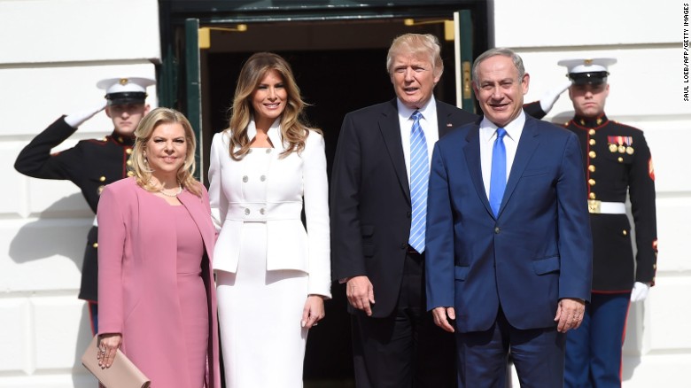 President Donald Trump and first lady Melania Trump welcome Israeli Prime Minister Benjamin Netanyahu and his wife, Sara, as they arrive at the White House in Washington, DC, on February 15, 2017