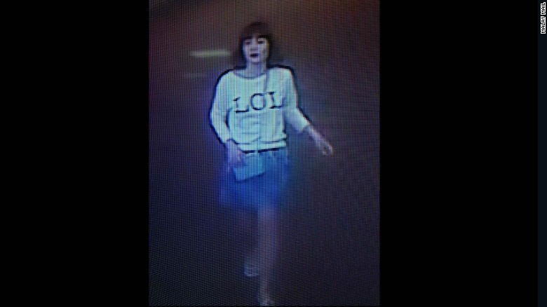 A photo of security footage shows a suspect wearing a shirt with &quot;LOL&quot; on it in Sepang, Malaysia, on Monday, February 13.