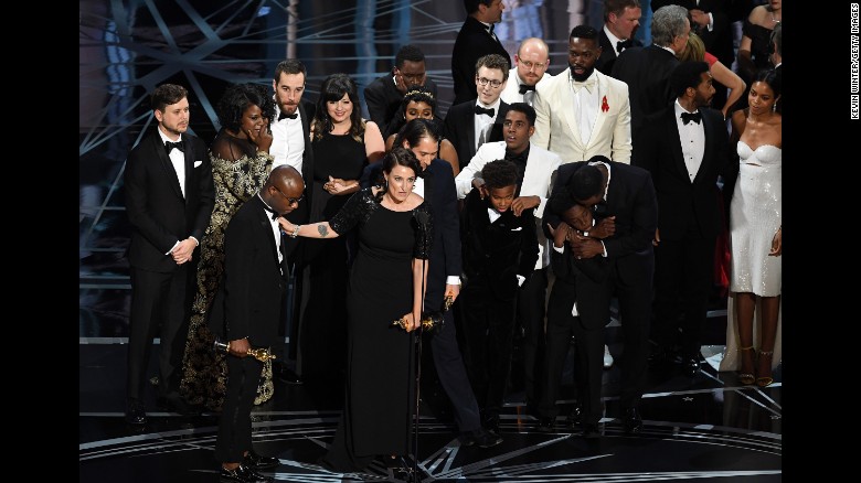 The cast and crew of &quot;Moonlight&quot; accept the best picture Oscar during &lt;a href=&quot;http://www.cnn.com/2017/02/26/entertainment/oscars-2017/index.html&quot; target=&quot;_blank&quot;&gt;the Academy Awards&lt;/a&gt; on Sunday, February 26. The winner was initially announced as &quot;La La Land&quot; by presenter Faye Dunaway, but moments later it was revealed that there was a mistake and &quot;Moonlight&quot; had actually won.