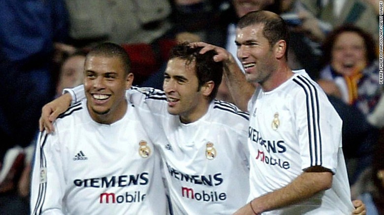Zidane (left) and Raul (center) celebrate with Real Madrid teammate Ronaldo.