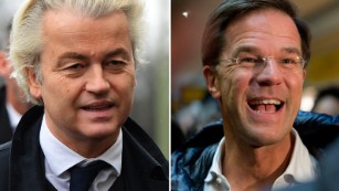 A tight race is predicted between Geert Wilders, left, and Prime Minister Mark Rutte. 