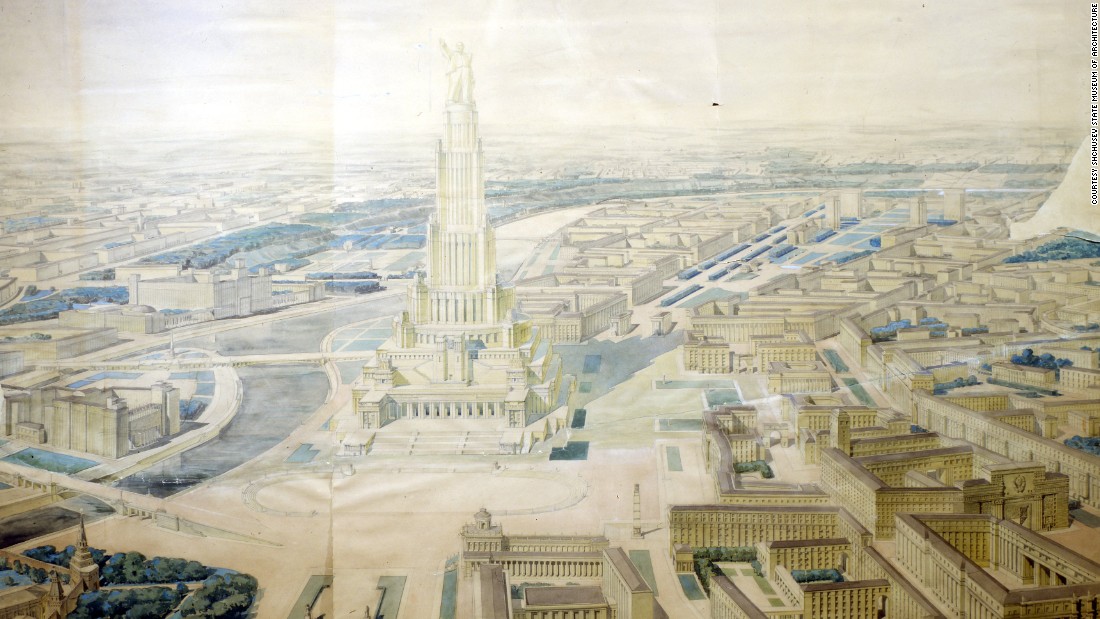 An illustration of the Palace of the Soviets, designed by architect Boris Iofan.
