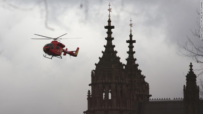 London's air ambulance arrives at the Houses of Parliament.