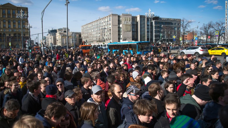 Opposition supporters take part in an unauthorised anti-corruption rally in central Moscow on Sunday.