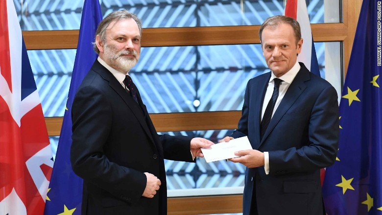 British ambassador to the EU, Sir Tim Barrow,  delivers the official Article 50 notice to European Council President Donald Tusk in Brussels.