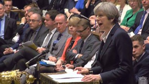A still image taken from footage broadcast by the UK Parliamentary Recording Unit (PRU) on March 29, 2017 shows British Prime Minister Theresa May at the dispatch box making a statement in the House of Commons in London after the letter invoking the provisions of Article 50 of the Lisbon Treaty was delivered to President of the European Council Donald Tusk in Brussels starting Britain&#39;s formal withdrawl from the European Union (EU). 
Britain formally launches the process for leaving the European Union on March 29, 2017, a historic step that has divided the country and thrown into question the future of the European unity project. / AFP PHOTO / PRU AND AFP PHOTO / - / RESTRICTED TO EDITORIAL USE - MANDATORY CREDIT &quot; AFP PHOTO / PRU &quot; - NO USE FOR ENTERTAINMENT, SATIRICAL, MARKETING OR ADVERTISING CAMPAIGNS-/AFP/Getty Images