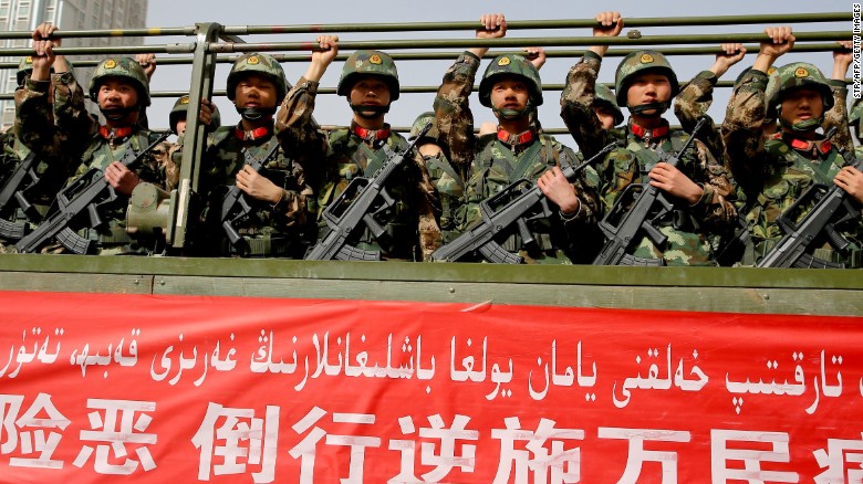 An anti-terrorist oath-taking rally in Xinjiang in February.
