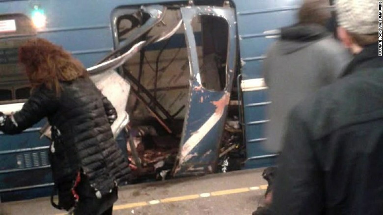 The damaged door of a train car is seen after an explosion on the subway in St. Petersburg, Russia, on Monday, April 3. Multiple people were killed in the blast.