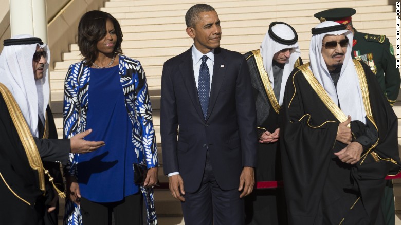 The Obamas visit King Salman bin Abdulaziz Al-Saud.