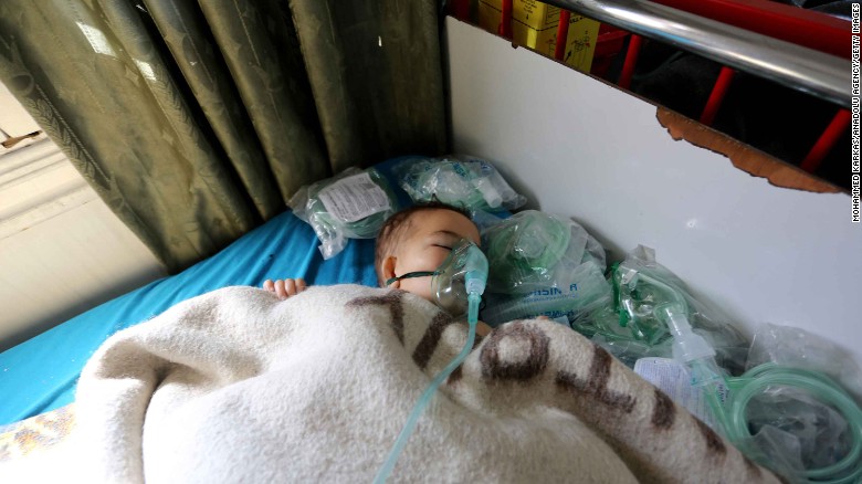 A child receives treatment Tuesday at an Idlib province hospital after a suspected chemical attack. 