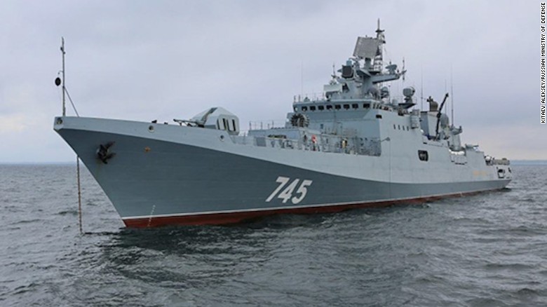 The Russian frigate, the Admiral Grigorovich. The ship, which is armed with cruise missiles, was reportedly entering the Mediterranean en route to a logistics site in Syria, Russian state media said.