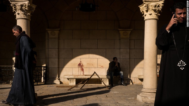 Blood stains the wall in the courtyard at St. Mark&#39;s Coptic Orthodox Cathedral of Abbassia on December 11, 2016, in Cairo.