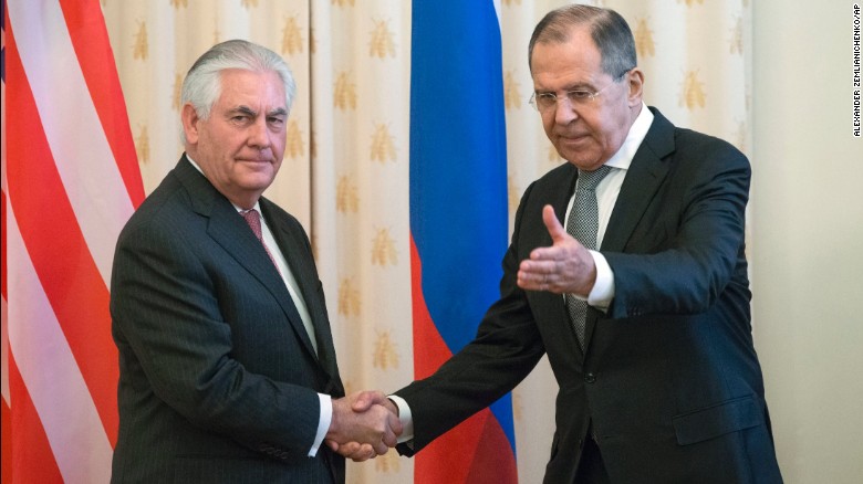 CORRECTS DATE - US Secretary of State Rex Tillerson and Russian Foreign Minister Sergey Lavrov, shakes hands prior to their talks in Moscow, Russia, Wednesday, April 12, 2017. Tillerson&#39;s Moscow talks hinge on new US leverage over Syria. (AP Photo/Alexander Zemlianichenko)