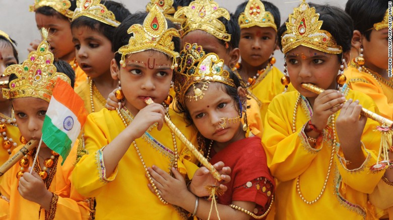 Schoolchildren dressed as Hindu God Lord Krishna and Radha reenact the Mahabharata mythology in Amritsar, India.