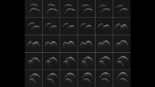 Asteroid 2014 JO25 was imaged by radar from NASA&#39;s Goldstone Deep Space Communications Complex in California one day before its closest approach to Earth. A grid composed of 30 images shows the two-lobed asteroid in different rotations. The space rock passed Earth on April 19, 2017, at a distance of 1.1 million miles (1.8 million kilometers).