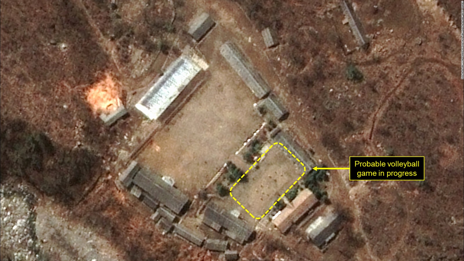 A satellite image showing a "probable volleyball game" seen at the main administrative area of North Korea's Punggye-ri nuclear test site.