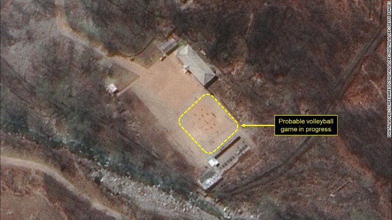 38 North says this images show a &quot;probable volleyball game seen at the command center support area&quot; at the North Korea nuclear test site.