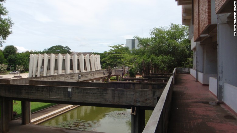 The Institute of Foreign Languages features elevated walkways and baray, a rectangular body of water that featured commonly in ancient structures from the Khmer Empire era (802-1431).