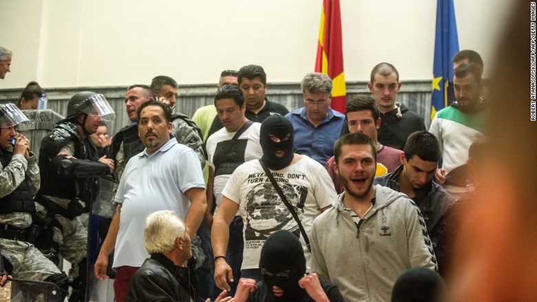 Protesters demonstrate inside Macedonia&#39;s parliament to protest against against what they said was an unfair vote to elect a parliamentary speaker.