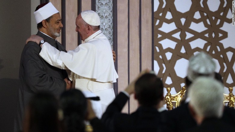 The Pope greets Sheikh Ahmed el-Tayeb, the grand imam of the Al-Azhar mosque in Cairo, on April 28.