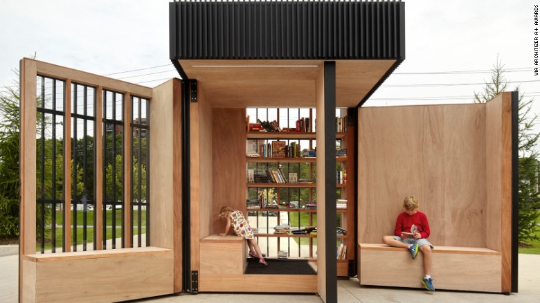 This mobile book exchange, conceived by Atelier Kastelic Buffey was built in 2015 in Newmarket, Canada. At night, the wooden walls are folded up into a rectangular box.
