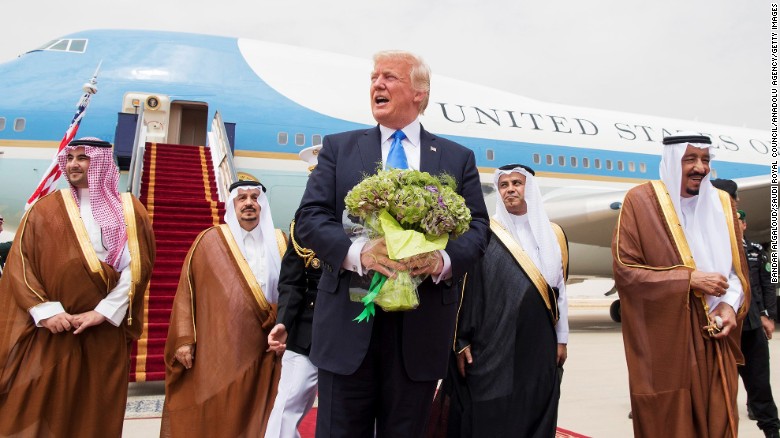 Trump is welcomed by King Salman during the President&#39;s arrival Saturday at the King Khalid International Airport in Riyadh.