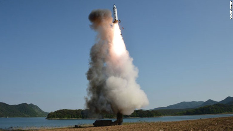 A North Korean Pukguksong-2 missile lifts off from a mobile launcher on Sunday, May 21.
