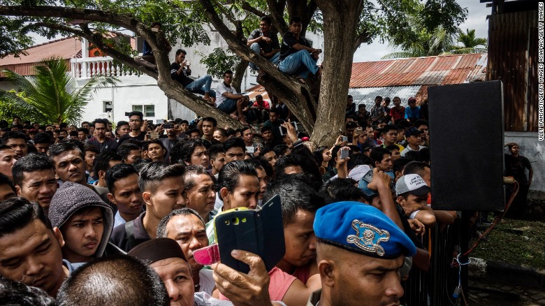 Hundreds of people turned out to see the public caning on May 23 in Banda Aceh.