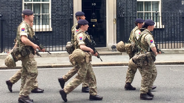 Soldiers on patrol at the Prime Minister&#39;s office in London on Wednesday.