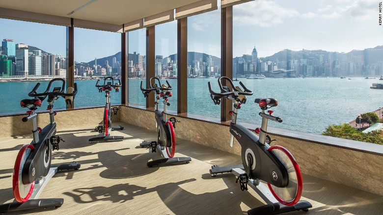 Kerry Hotel: gym with waterside views.