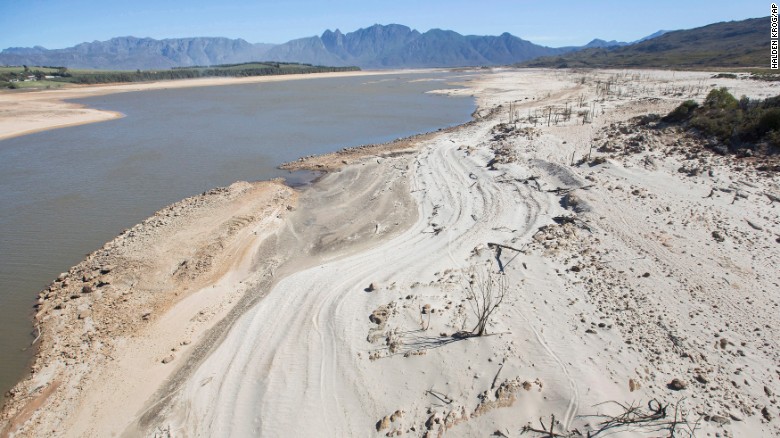 Dry sand bakes in the sun on April 16, 2017, at the Theewaterskloof Dam, a key source of water to Cape Town, South Africa.