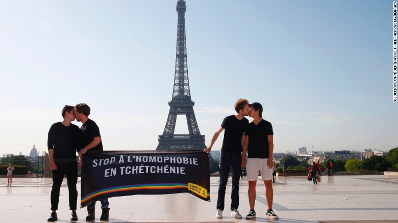 Gay rights activists protest against persecution of LGBT people in Chechnya in Paris on Monday. 