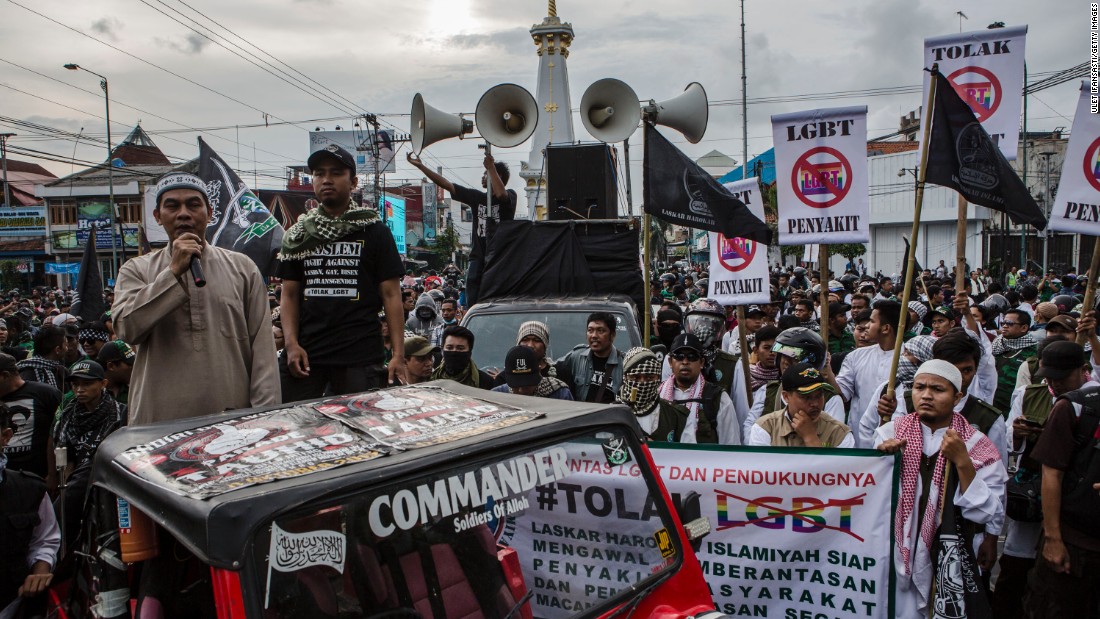 Anti-LGBT activists protest on February 2016 in Yogyakarta, Indonesia.