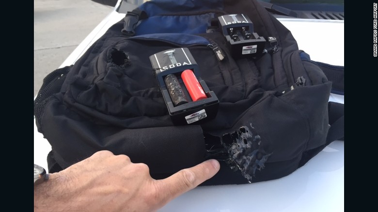 Grand Rapids Ford Airport released this photo of the lithium battery that caught fire in a passenger&#39;s backpack aboard a JetBlue flight.