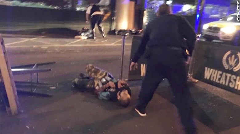 This image from London&#39;s Borough Market shows two people lying on the road. On Saturday, June 3, a van mowed down pedestrians as it sped down London Bridge, leaving bodies lying in the roadway, a witness to the incident &lt;a href=&quot;http://us.cnn.com/2017/06/03/europe/london-bridge-incident/index.html&quot; target=&quot;_blank&quot;&gt;told CNN&lt;/a&gt;. A witness said two people were stabbed at nearby Borough Market. London police are treating both incidents as terror-related.
