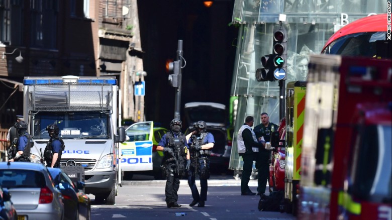 Armed police outside Borough Market, London, Sunday June 4, 2017, near the scene of Saturday night&#39;s terrorist incident.