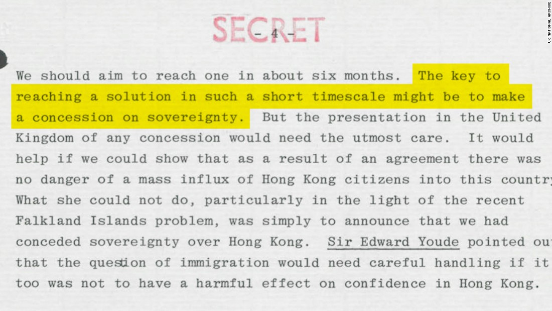 Early in the negotiations, advisers to Thatcher suggested the UK make concessions over its sovereignty claims to Hong Kong. Original image altered for clarity. 