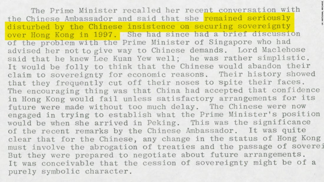 Before negotiations over Hong Kong began in earnest, Thatcher said she was &quot;disturbed&quot; by Chinese insistence on asserting sovereignty over the city. Original image altered for clarity. 