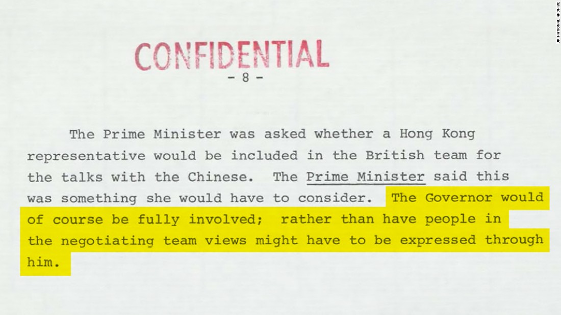 In talks over Hong Kong&#39;s future, Thatcher suggested the city would be represented by its Governor, an unelected colonial official. Original image altered for clarity. 