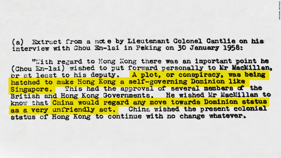 This composite image of a memo sent to British Prime Minister Harold MacMillan in 1958 recounts how Chinese Premier Zhou Enlai warned against any attempts to democratize Hong Kong. Original image altered for clarity. 