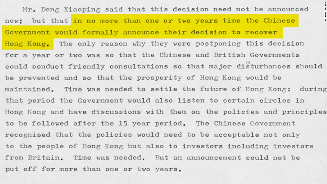 Chinese paramount leader Deng Xiaoping warned British Prime Minister Margaret Thatcher in September 1982 Beijing was becoming impatient over the unresolved issue of Hong Kong&#39;s future. Original image altered for clarity. 