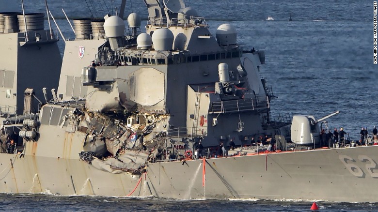 The guided-missile destroyer USS Fitzgerald arrives at the US Naval Base in Yokosuka, Japan, on Saturday.